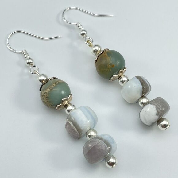 Sterling Silver Plated Jasper Stone Blue Opal Beaded Dangle Earrings Boho Unique - Picture 2 of 6